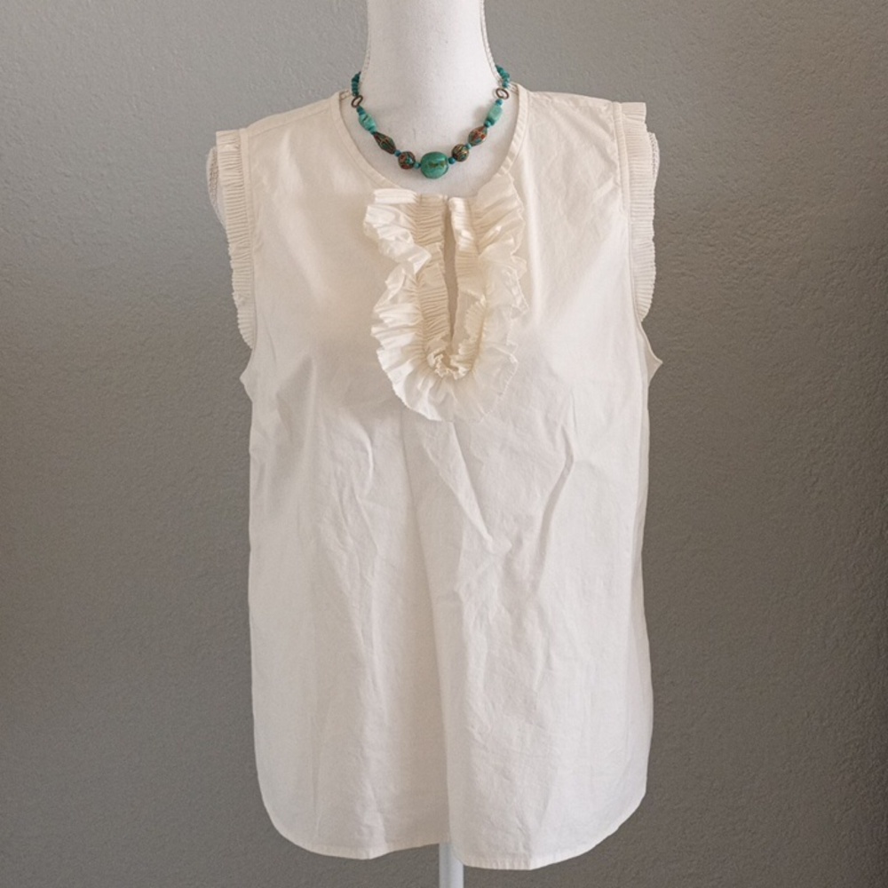 J Crew Margot Cream Ruffled Key Hole Neckline Sleeveless Top Size 14
